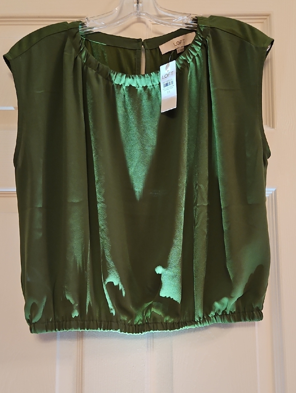 LOFT  Green Satin Blouson Cap-Sleeve Top